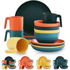 Kyraton Plastic Tableware Set of 16 Unbreakable and Reusable Lightweight Plates Cups Bowls Tableware Easy to Carry and Clean BPA Free Service for 4 People