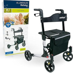 Weinberger Lightweight Folding Aluminium Walker All-Inclusive with Bag Stick Holder Brakes Lightweight Only 7.3 kg Height Adjustable Walking Aid Travel Rollator Colour Silver/Black
