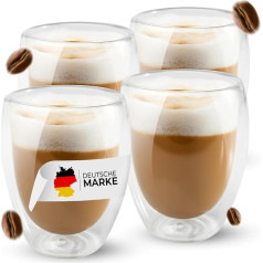 Latte Macchiato Glasses, Set of 4, Double-Walled Glasses, Heat Resistant and Modern Design Coffee Cups, Tea Glasses, Cappuccino Cups (Latin Macchiato Glasses, 350 ml, Set of 4)