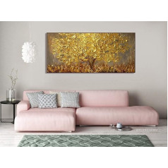 Orlco Art Wall Decoration Hand-Painted Landscape Flower Wall Art Abstract Spatula Gold Tree Blossom Painting On Canvas Family Wall Living Room Art Wall Decoration Stretched 71 x 142 cm