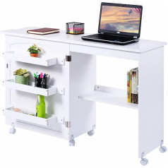 LIFEZEAL Folding Sewing Machine Cabinet, 117 x 40 x 77 cm, Sewing Cabinet, 2-in-1, Desk with 4 Shelves, Computer Desk with Wheels, Sewing Table for Home and Office, Sewing Furniture Mobile, Flexible,
