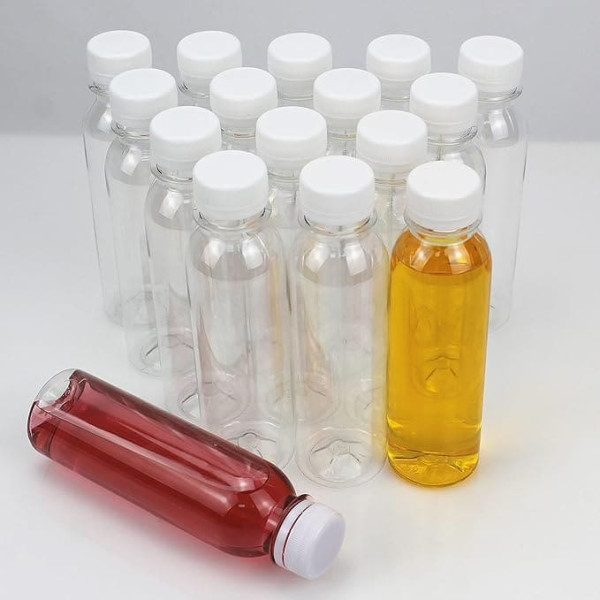 YankMooM 16 Clear Juice Bottles 150ml Reusable Empty Plastic Bottles with Lids for Juice, Milk, Water and Other Drinks (White)