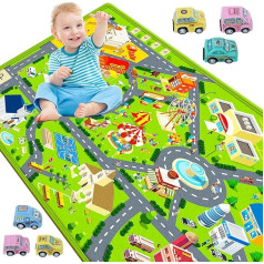 Double Play Mat Children's Room 110 x 148 cm, Car Play Mat with 6 Cars, Large Train Mat, Travel Toy, Educational Street Rug for Floor, Playroom, Play Area