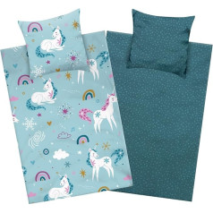 Aminata kids Unicorn Bed Linen 135 x 200 cm Flannelette Girls Flannel Cotton Petrol with Rainbow - Children's Reversible Bedding Set - Zip | ÖkoTex | Unicorn | Horse Animal Motif