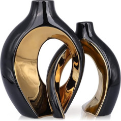 Modern Vases for Decor, Black and Gold Hollow Ceramic Vases, Decorative Set of 2, Black Round Doughnut Ceramic Vases for Wedding Entrance Decoration, Bookcase, Mantle, Centrepiece (B+G)