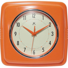 Infinity Instruments Square Silent Retro Wall Clock 9 Inch Mid Century Modern Kitchen Dining Room Retro Wall Clock Quartz Movement (Orange)