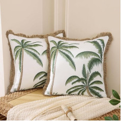 Set of 2 Cushion Covers in Summer Tropical Green Palm Trees Leaves Polyester 45 x 45 cm Cushion Cover with Fringe Tassels Made of Flax Cushion Cover Decorative Cushion Covers for Sofa Bedroom Living