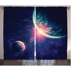 ABAKUHAUS Galaxy Rustic Curtain, Space Mars Planets, Living Room Universal Tape Curtains with Tabs and Hooks, 280 x 225 cm, Navy Blue Pink