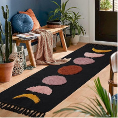 LINROMIA Rug Runner Hallway Long 60 x 180 cm, Boho Black Moon Tufted Cotton Rug with Woven Tassels, Washable Rug for Bathroom Kitchen Living Room Bedroom Hallway Dining Room