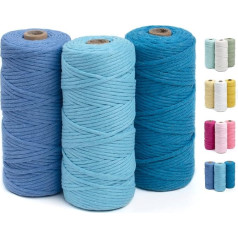 CAMAL 3 Pieces Cotton Yarn, Macrame Yarn 3 mm Macrame Yarn 100 m Macrame Set Cotton for Crocheting Macrame Hanging Basket, Wall Hanging, DIY Craft Plant (D: Lake Blue, Sky Blue, Mist Blue)