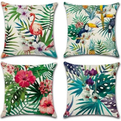 Fullfun Green Pillow Covers Leaf Tropical Linen Pillow Covers with Flamingo 4 Pack Square Jungle Cushion Cover for Sofa Couch Bedroom and Outdoor Cushion 45cm x 45cm