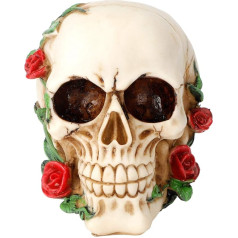 Cikonielf Resin Figure Skull Skeleton with Rose Flower Horrible Head Sculpture Crafts for Halloween Festive Christmas Decoration
