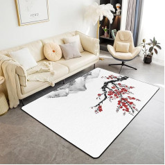 Japanese Style Red Cherry Blossom Printed Rug for Adults Women Girls Fuji Pattern Accent Rug Set for Bedroom Bedside Table Ink Painting Black White Stylish