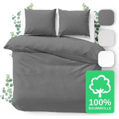 JACOBSON Bed Linen 200 x 220 cm Set - 100% Cotton Duvet Cover 200 x 220 cm + 2 Pillowcases 80 x 80 cm, Percale Bed Linen 3-Piece with Zip (200 x 220 cm, Anthracite, 3-Piece)