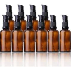 Empty Glass Bottles, Brown, Pack of 10, 50 ml, Refillable Glass Bottles, Lotion Dispenser, Brown Glass Bottle with Pump, Essential Oils, Travel Bottles, Cream Lotion Bottle, Pump Bottle