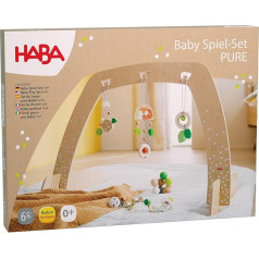 HABA Baby Play Arch Set Pure - 70 cm Large Play Trapeze - Includes 3 Hanging Figures, Dummy Chain & Grasping Toy - Wooden Bow Made in Germany - from 1 Month Birth - 1307168001