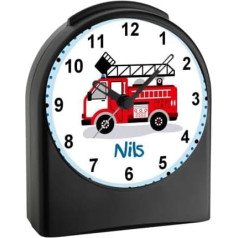 CreaDesign, WU-50-1023, Fire Brigade, Analogue Children's Alarm Clock, Black, Radio-Controlled Alarm Clock without Ticking, with Light, Personalised with Name, 9.6 x 5.5 x 11.9 cm, 104 g