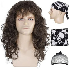 Eddie Wig with Headscarf 80s Men's Mullet Brown Curly Hair Wig Glam Metal Punk Rock Rocker Wig Perfect for Halloween, Cosplay, DIY Theme Costume Party (Brown)
