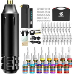 Solong Tattoo Machine Set Complete Rotary Tattoo Gun Pen Wireless with 20pcs Cartridge Needles 14 Inks for Tattoo Beginners and Artists