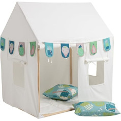 howa 85153 Children's Tent Indoor Play Tent Children's Playhouse with Garland, 2 Cushion Covers, with Non-Slip Floor Mat, 3 Windows, Cream/White, Cotton, Dimensions 80 x 110 x 125 cm