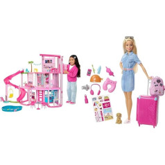 BARBIE - Dream Villa, Pool Party Dollhouse with More than 75 Pieces and Slide Over 3 Floors & Doll Barbie Dream House Adventures, Travel Barbie with Blonde Hair