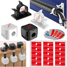 Self-Adhesive Cable Holder, Cable Organiser, Desk, Cable Clips, Adjustable Cable Management Set with 2 Cable Winders, Cable Attachment Cable Clip for Power Cable/Fairy Lights (30 White + 30 Black)