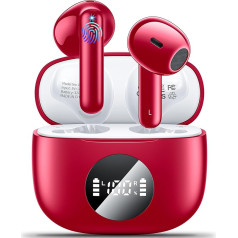 Bluetooth Headphones, Wireless Bluetooth 5.3 In-Ear Headphones with 4 Microphones, 40H Playtime, Sports Headphones, LED Display, Hi-Fi Stereo ENC Noise Reduction Earphones for Work and Study, Red