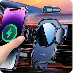 Auckly Car Mobile Phone Holder with Charging Function, + 60 W PD+QC Car Charger, Qi 15 W Fast Wireless Charger, Auto Inductive Automatic for iPhone 12/13/14/15 Pro Max Mini Plus & Samsung Galazy