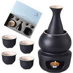 Ytlemon Pack of 7 Sake Cup Set, Traditional Ceramic Japanese Style Sake Serving Set, Sake Storage Gift Box, Including 4 Wine Glasses, Heating Table, Hip Flask, Warm Pot Bowl (Black)