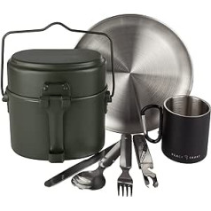 Black Snake® Cookware with flat stainless steel camping plate and cutlery plus carabiner hook cup