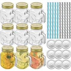 Tebery Pack of 9 480 ml glass drinking glasses, mason cups with handle and straws, screw cap drinking glass for cocktails, juices, shakes, smoothies