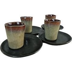 PintoCer Espresso Coffee Cups Made of White Stoneware, without Handle with Brown Saucer (Green/Black, 4)