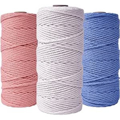 XINSHUNCAN Pack of 3 Cotton Yarn Macrame Yarn 3 mm x 100 m, Premium Cotton Macrame Yarn Set, 4 Threads Thick Cotton Rope for DIY Crafts, Hanging Plant, Boho Decoration, Hanging Basket (White, Pink,