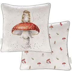 Wrendale Designs Cotton Linen Cushion Lucky Mushroom Mouse Approx. 40 x 40 cm Printed on Both Sides Square with Concealed Zip Feather Filling and Contrasting Border Fully Machine Washable