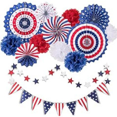 Whaline 14 Pieces Independence Day Party Supplies, 4th of July Patriotic Party Decoration Set, Red Blue Party Hanging Paper Fans, Paper Flower Balls, USA Flag, Bunting Party Favors