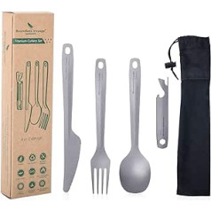 iBasingo Ti1066T Titanium Knife Fork Spoon Bottle Opener Set Lightweight Outdoor Indoor Tableware Camping Reusable Cutlery Set Portable Travel Cutlery Set