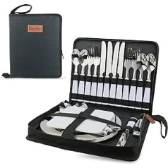 Camping Cutlery Set for 2 or 4 Portable, 11 Piece Picnic Set 23 Pieces, Food Safe SS Camping Plates and SS Cutlery (4 People, Black - 4)