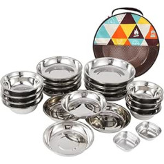 Topyond 22-teiliges Camping-Teller-Set, Serviceteller aus Edelstahl, Praktisch Und Leicht zu Reinigen, Geschirr-Set Für Outdoor-Camping, Selbstfahrertour Oder Grillen