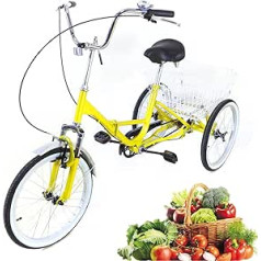 Chynalys Carbon Steel Tricycle for Adults, 20 Inch U-Folding Trike, 3-Wheel Adult Tricycle, Single Speed, Foldable Bicycle Cycling with Shopping Basket for Adults, Seniors, Yellow