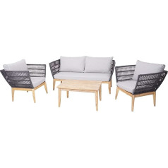 Mendler Garden Furniture Set HWC-H55 Lounge Set Sofa Seating Set Rope Wood Acacia Spun Poly MVG Cushion Light Grey