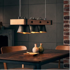 Lightbox 3-Bulb Pendant Lamp - Pendant Light Suitable for Dining Tables - Heads Can Be Pivoted and Shortened in Height - Metal/Wood Black - 70 cm Width