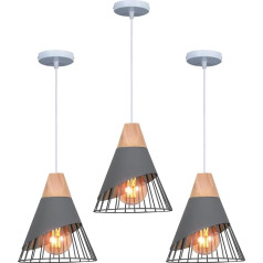 TOKIUS Modern Industrial Wood Pendant Light Shade Metal Vintage Cage Shape Ø25cm Ceiling Light E27 Design for Kitchen Bedroom Living Room (Grey, Pack of 3)