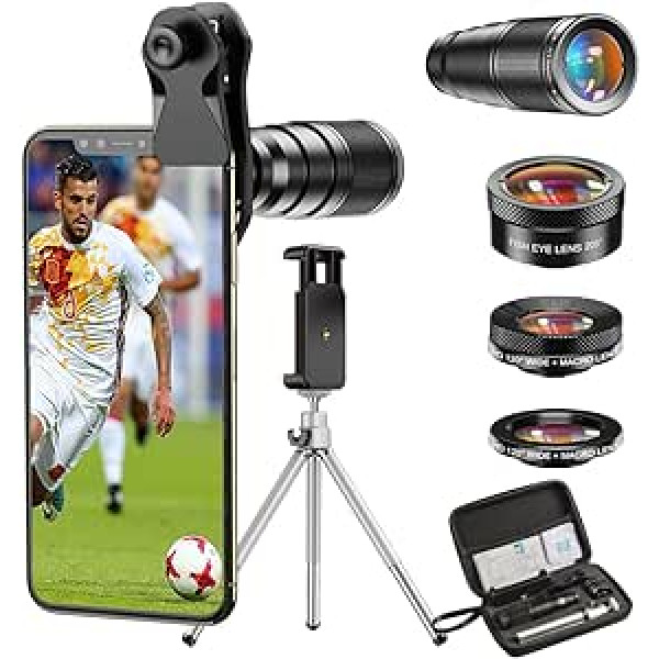 APEXEL HD Mobile Phone Lens 22X Telephoto Lens + 25X Macro Lens + 120° Wide Angle Lens + 205° Fisheye 4-in-1 Phone Lens Kit with Tripods for iPhone 11 Pro Huawei P30 Samsung