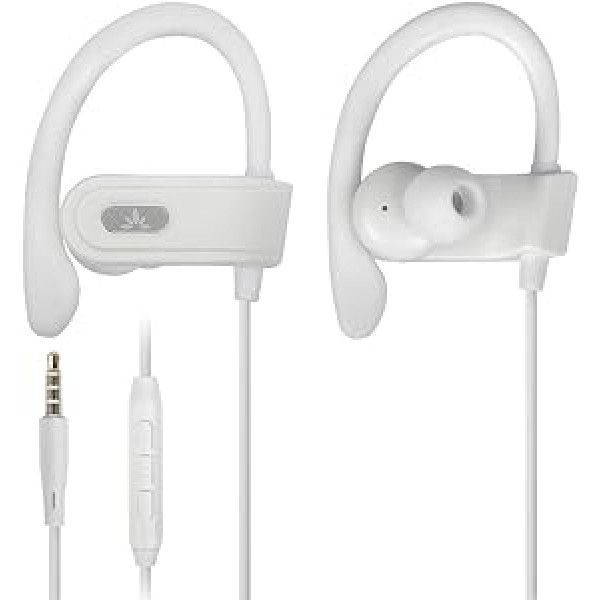 Avantree E171 Sports Headphones with Microphone, Wired Running Headphones Earphones with Over-Ear Hook, Running In-Ear Headset with Ear Clips for Gym Workout Fitness - White