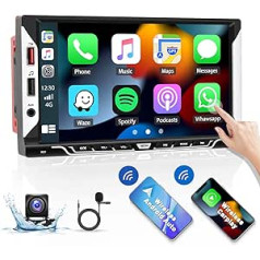 Hikity 7 Inch Car Radio 2 DIN with Wireless Apple Carplay Wired Android Car/Mirror Link Car Radio Bluetooth Support EQ USB AUX SWC FM Touchscreen Car Radio + Mic + Reversing Camera