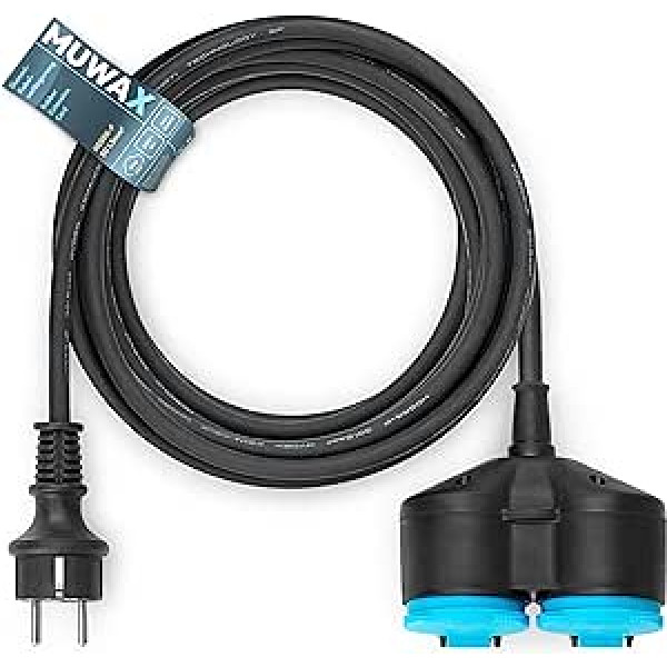 MUWAX Rubber Extension Cable 15 m with 2-Way Splitter for DIY, Offices, Household, for Temporary Outdoor Use and Medium Mechanical Stress H05RR-F 3G 1.5 mm² Black