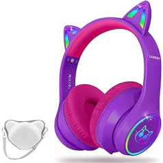 LOBKIN Bluetooth 5.3 Children's Headphones with Bag - RGB LED Light Cat Ears Foldable Stereo Headset Support Wireless and 3.5 mm Cable - Children's Headphones on Ear for Girls Boys Toddlers