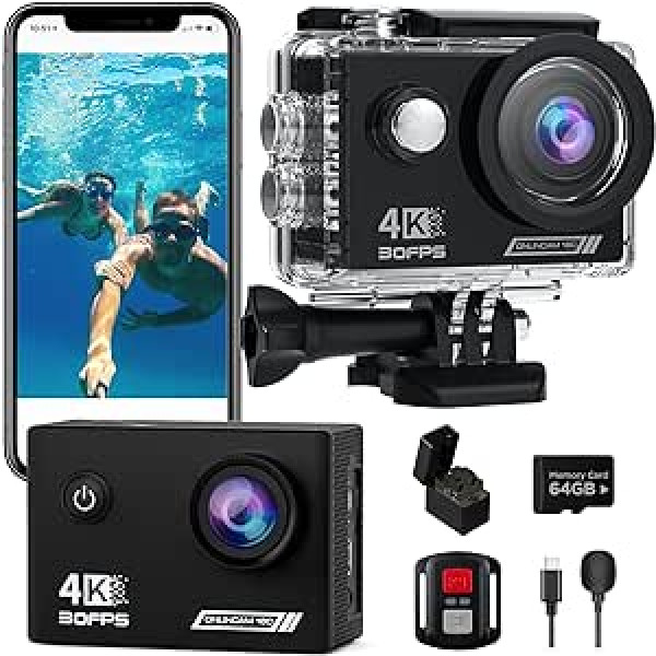 TIMNUT Action Cam 4K30fps, Underwater Camera, WiFi Camera, 20MP HD 170°FOV with EIS Helmet Camera, 40m/131ft Waterproof Camera with 2 Batteries, 64G SD Card and Helmet Mount Accessory Kits