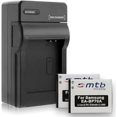 2 Batteries + Charger (Car, Mains) for Samsung EA-BP70A, ES65 ES67 ES70 PL..ST.. WB50F...See List