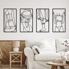 Cindeer Pack of 4 Mental Minimalist Abstract Woman Wall Art, Single Line Drawing Wall Art Decor, Modern Female Body, Home Hanging Metal Wall Decoration for Kitchen, Bathroom, Living Room